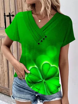 Летняя женская футболка с V-образным вырезом и пуговицами, модные повседневные футболки с коротким рукавом с принтом клевера, женские зеленые топы 2024 года выпуска