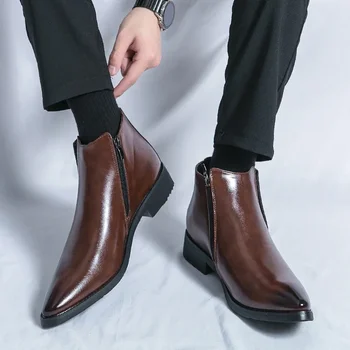 Классические мужские ботинки из цельного полиуретана с высоким вырезом на низком каблуке и заостренной застежкой-молнией, деловые Официальные ботинки, удобные нескользящие классические простые мужские ботинки