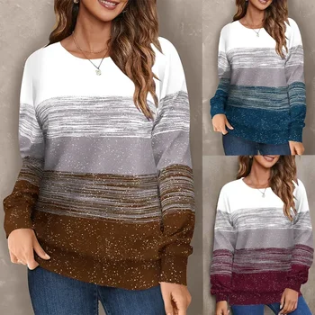 Осенне-зимний женский топ в новую полоску, свободная повседневная футболка с длинными рукавами и круглым вырезом, женский пуловер с длинными рукавами