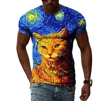 Летняя мужская футболка с рисунком кота из мультфильма, хип-хоп 3D принт, забавные футболки с круглым вырезом, топы с коротким рукавом.