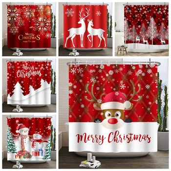 Зимняя Рождественская занавеска для душа, Красный Санта, Снеговик с Оленями, креативная Моющаяся Полиэфирная ткань, Новогодний декор для ванной комнаты