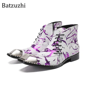 Мужские ботильоны Batzuzhi в стиле вестерн-ковбой, фиолетовая обувь из натуральной кожи, мужские ботинки на молнии, мужские свадебные туфли на молнии! Размер 38-47