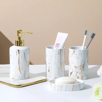 Европейский современный набор для ванной комнаты с золотой каймой, Скандинавская Классическая Мраморная текстура, Керамический держатель для зубной щетки, Мыльница для украшения ванной комнаты