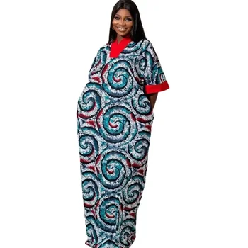 Африканские макси-платья для женщин 2024, весна-лето, Элегантное Африканское длинное платье с V-образным вырезом и коротким рукавом большого размера, одежда Dashiki Africa