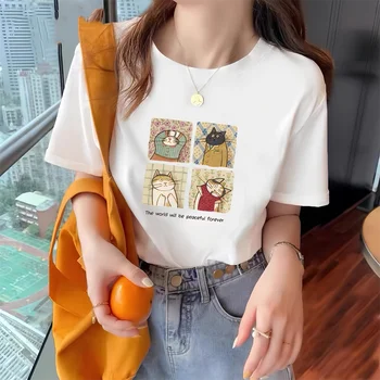 240 г хлопка в корейском стиле, модный дизайн, Мужская и Женская футболка с принтом милого кота и кролика, Летние Свободные футболки с коротким рукавом, футболки-топы