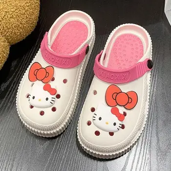 Новый рисунок Hello Kitty Kawaii Sanrio Kt Обувь с Кошачьими дырочками Летняя Модная Уличная Нескользящая Пляжная Обувь Сандалии Прекрасная Обувь на толстой подошве