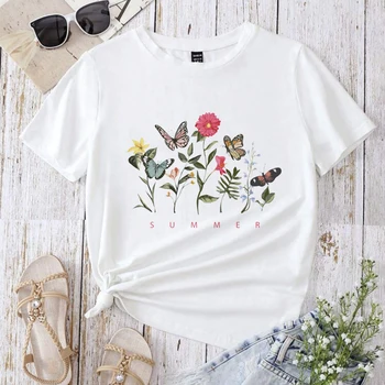 Женская верхняя одежда с рисунком Харадзюку, женская летняя одежда с рисунком из мультфильма, Модный цветок, Милый тренд 90-х, хлопковая белая футболка