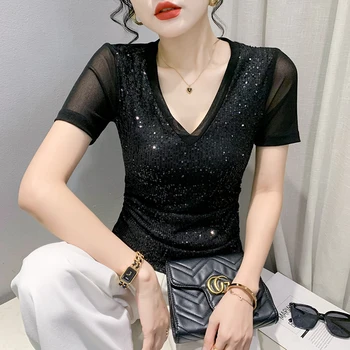 Летняя новая сексуальная черная сетчатая футболка с коротким рукавом и пайетками, плиссированные женские топы, Корейские футболки