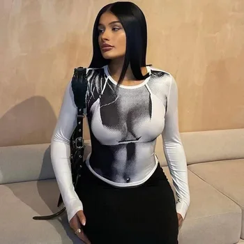 Весна 2024, Новый модный женский топ с длинным рукавом, 3D Позиционирующая печать, Футболка с длинным рукавом и круглым вырезом в стиле Spice Girl