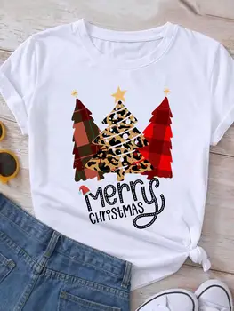 Тренд Леопардовой елки, Новогодняя Рождественская футболка с графическим принтом, футболка, Топ, женская праздничная женская футболка с коротким рукавом