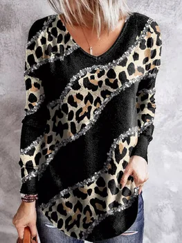 2023, Леопардовая блестящая блузка с открытой спиной крест-накрест, Модный принт, Осенне-зимние Рубашки с длинным рукавом, Женская одежда, Женские топы