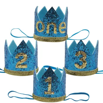 1шт Синий 1, 2, 3-летний головной убор в виде короны на день рождения, шляпа для вечеринки с Днем рождения, Душа ребенка, Шапки на 1-ю годовщину рождения мальчика, принадлежности