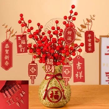 Китайские украшения, Золотая сумка для благословения, кошелек из смолы, Ваза с букетом красных фруктов и подвеской, декор весеннего фестиваля