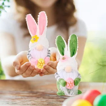 Новый Пасхальный Розовый / зеленые Ушки, держащий яйцо Кролик, кукла-гном, Кукла-фея, украшение для дома 2024