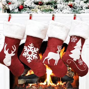 Рождественский Подарок Носки Красные Белые Льняные Рождественские Носки С Вышивкой Лося Рождественская Елка Подвесные Украшения Рождественский Кулон Подарочные Носки