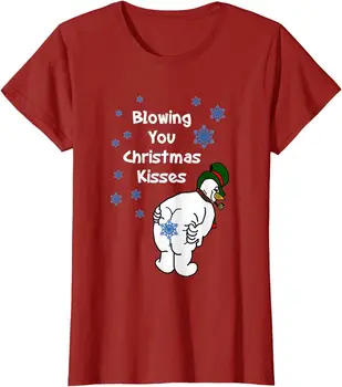 Посылаю Вам рождественские поцелуи, забавный рождественский снеговик, женская футболка с круглым вырезом и длинными рукавами