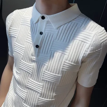 Мужская трикотажная рубашка-поло, модная рубашка с короткими рукавами, украшенная тканым рисунком, повседневная приталенная рубашка для гольфа на пуговицах