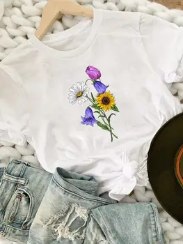Цветочный тренд, милая женская одежда с принтом 90-х, летняя весенняя футболка с принтом, модные футболки с графическим рисунком