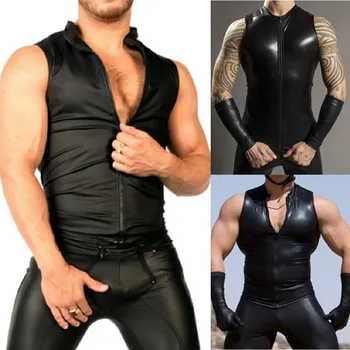 Новые мужские футболки без рукавов, сексуальные топы из искусственной кожи с блестящей застежкой-молнией, сценический костюм для вечеринок, одежда для мужчин, футболки