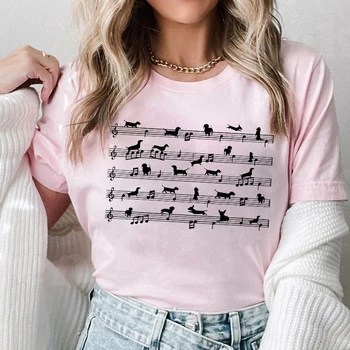 Женская одежда, музыкальные ноты, футболки с изображением собаки таксы, Розовая одежда для девочек, футболки с коротким рукавом, топы Y2k в японском стиле 2000-х годов
