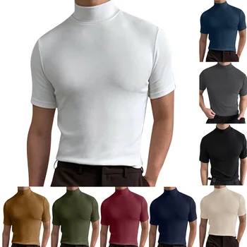 Мужская осенняя футболка с высоким воротом и короткими рукавами 2023, Повседневный тонкий пуловер, нижняя рубашка, однотонные, индивидуальные, универсальные топы