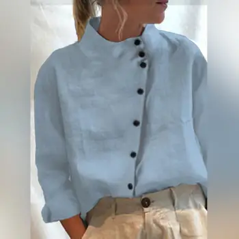 Женская хлопковая рубашка на пуговицах, шикарные винтажные женские блузки, дышащие повседневные блузки оверсайз с воротником-стойкой, длинные для лета