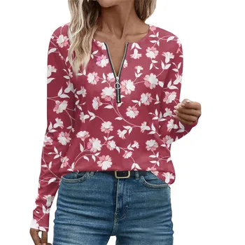 Женская модная футболка с цветочным принтом, повседневный свободный топ на молнии с длинным рукавом и V-образным вырезом, дешевая женская одежда с бесплатной доставкой от
