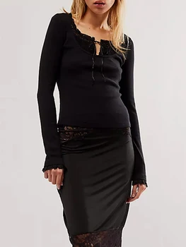 Женские укороченные топы, кружевная базовая рубашка в стиле пэчворк с длинным рукавом, повседневный пуловер для клубной уличной одежды, эстетичная одежда в стиле гранж