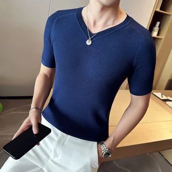 Мужская летняя модная повседневная трикотажная футболка с V-образным вырезом / мужские облегающие футболки высокого качества
