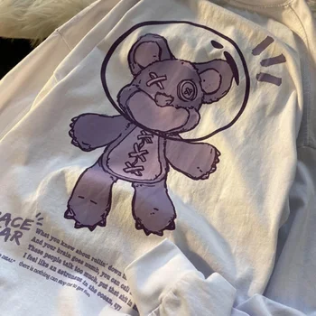 Чистый хлопок, осенняя новая футболка с длинными рукавами в американском ретро стиле с изображением уличного мультяшного медведя, мужская и женская модная рубашка, трендовая нижняя рубашка, освежающая