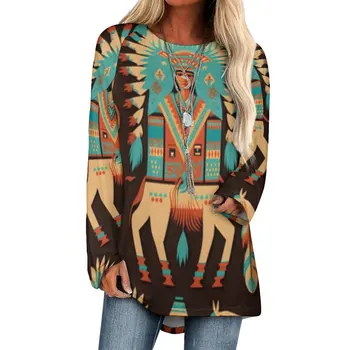 Женская модная свободная ретро-ацтекская роспись С длинным рукавом и круглым вырезом, осенняя женская футболка, дизайн женской одежды, блузки