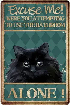 Металлические жестяные таблички в стиле ретро - Черный кот, Извините, Вы пытались воспользоваться ванной в одиночку - Винтажные забавы для дома