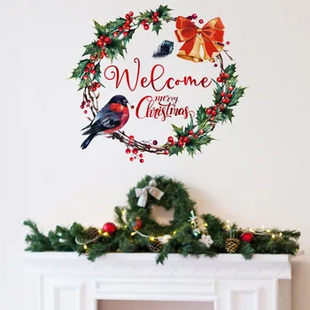 Рождественские наклейки на стену, украшение окна гостиной, Рождественский венок, наклейка на дверь, Настенная роспись для домашнего декора, самоклеящиеся наклейки